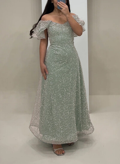 A-Line Off-The-Shoulder Elastic Satin Evening Dresses With Beading/Shoulder Ruffle