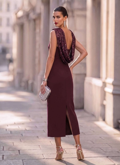 Sheath/Column Square Neckline Sleeveless Elastic Satin Evening Dresses With Sequins