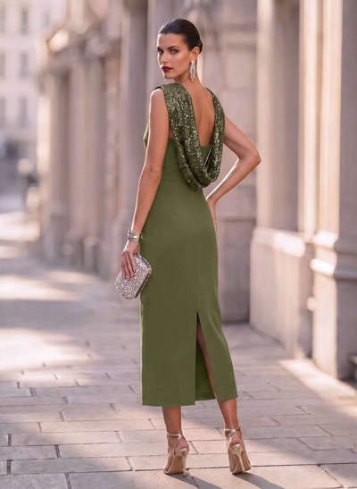 Sheath/Column Square Neckline Sleeveless Elastic Satin Evening Dresses With Sequins