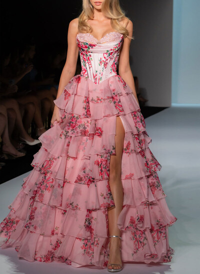 Dreamy Sweetheart Corset A-Line Tiered High Split Sweep Train Prom Dresses