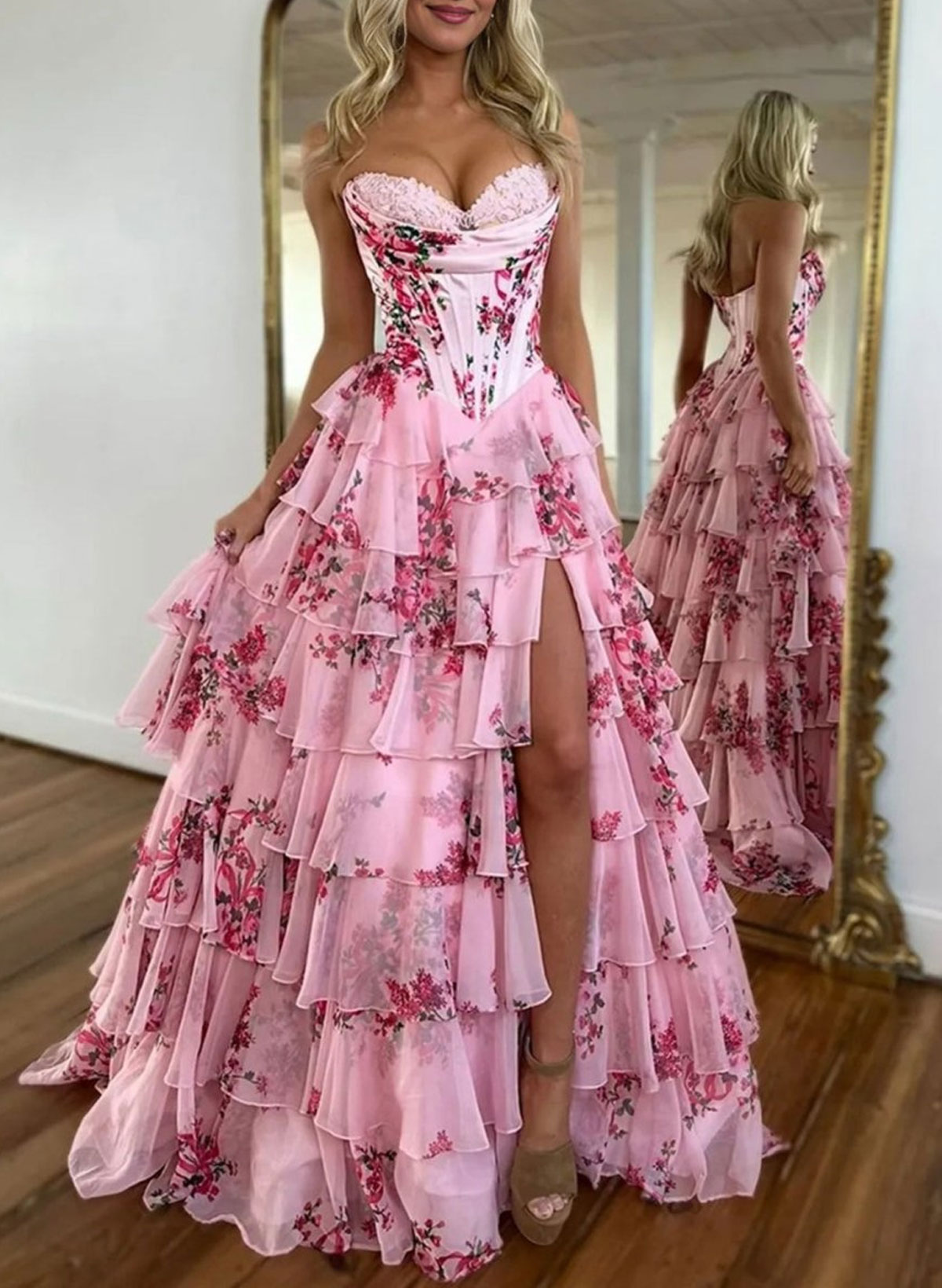 Dreamy Sweetheart Corset A-Line Tiered High Split Sweep Train Prom Dresses