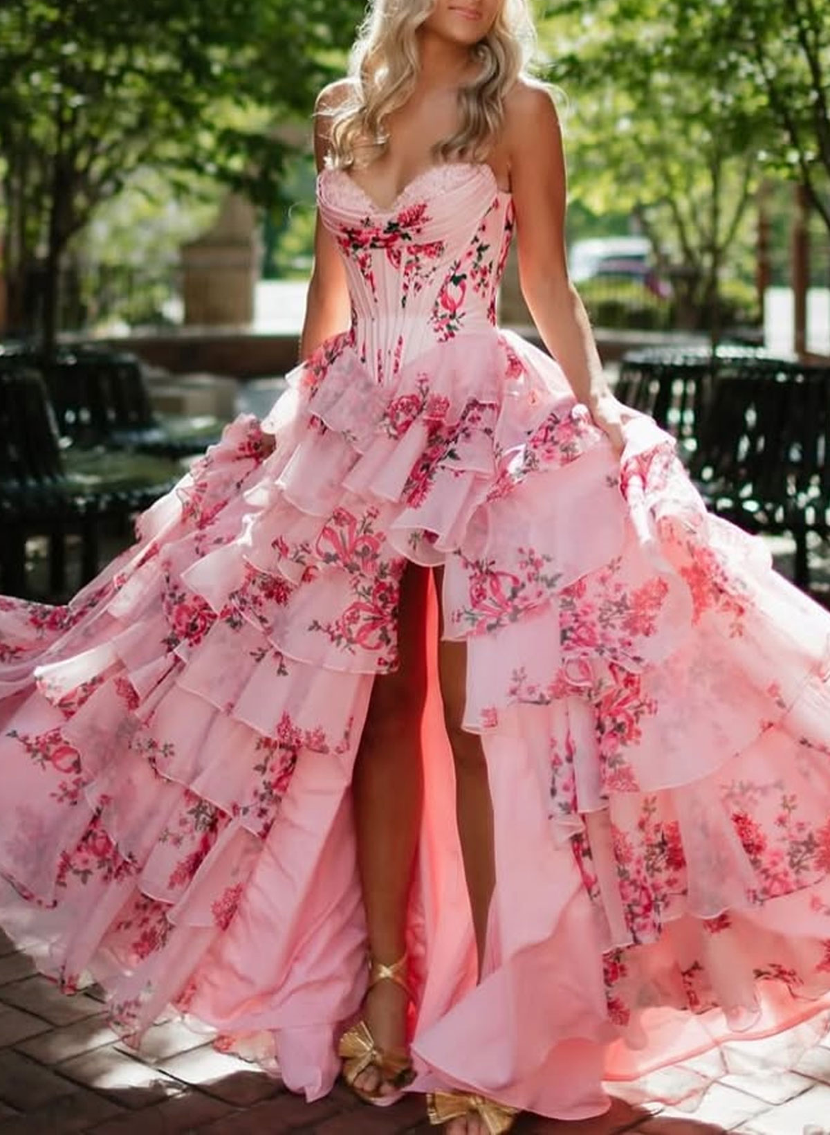 Dreamy Sweetheart Corset A-Line Tiered High Split Sweep Train Prom Dresses
