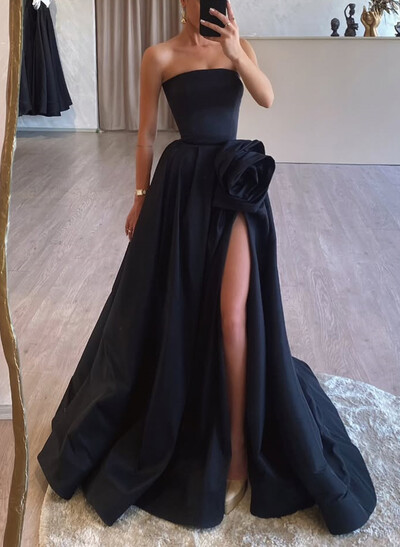 Classic Pleated Ruched Flowers High Side Split A-Line Sweep Train Satin Evening Dresses