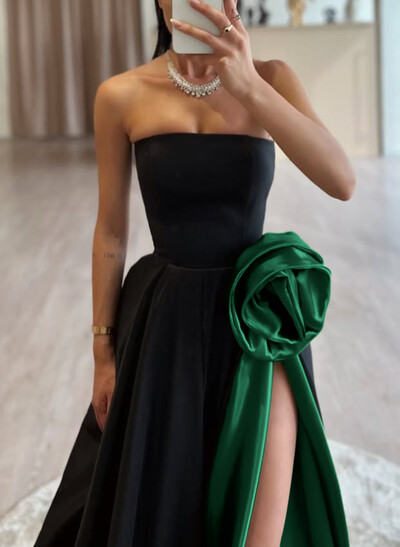 Classic Pleated Ruched Flowers High Side Split A-Line Sweep Train Satin Evening Dresses