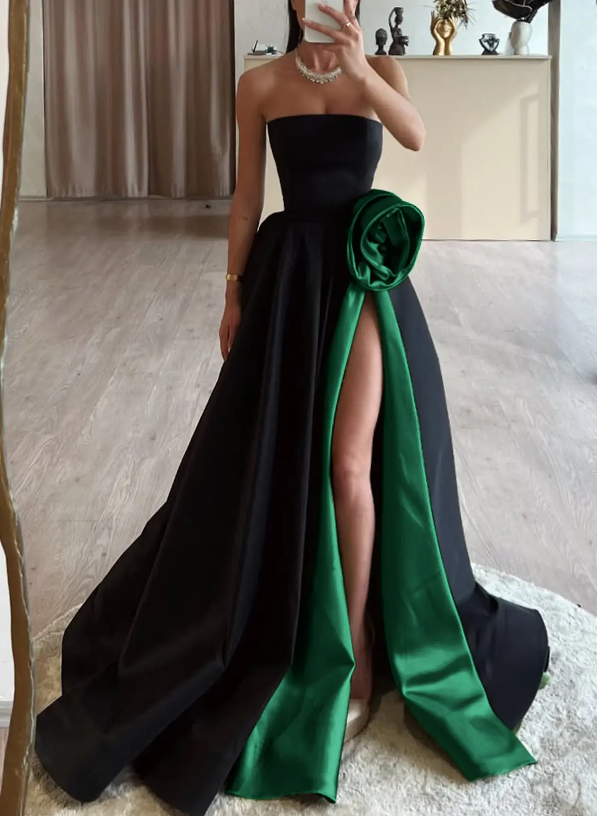 Classic Pleated Ruched Flowers High Side Split A-Line Sweep Train Satin Evening Dresses