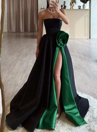 Classic Pleated Ruched Flowers High Side Split A-Line Sweep Train Satin Evening Dresses