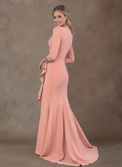 Trumpet/Mermaid V-Neck 3/4 Sleeves Sweep Train Elastic Satin Mother Of The Bride Dresses With Split Front