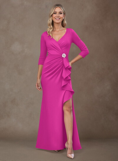 Trumpet/Mermaid V-Neck 3/4 Sleeves Sweep Train Elastic Satin Mother Of The Bride Dresses With Split Front