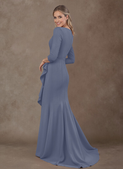 Trumpet/Mermaid V-Neck 3/4 Sleeves Sweep Train Elastic Satin Mother Of The Bride Dresses With Split Front