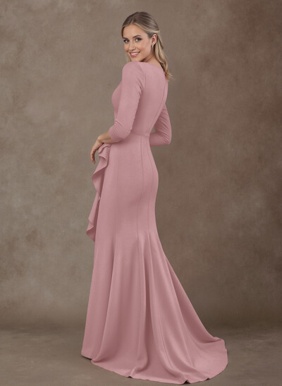 Trumpet/Mermaid V-Neck 3/4 Sleeves Sweep Train Elastic Satin Mother Of The Bride Dresses With Split Front