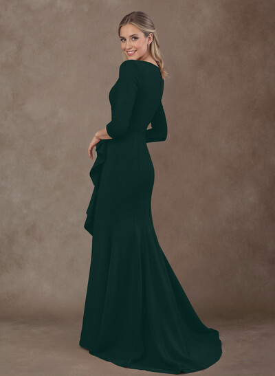 Trumpet/Mermaid V-Neck 3/4 Sleeves Sweep Train Elastic Satin Mother Of The Bride Dresses With Split Front