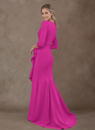 Trumpet/Mermaid V-Neck 3/4 Sleeves Sweep Train Elastic Satin Mother Of The Bride Dresses With Split Front