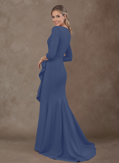 Trumpet/Mermaid V-Neck 3/4 Sleeves Sweep Train Elastic Satin Mother Of The Bride Dresses With Split Front