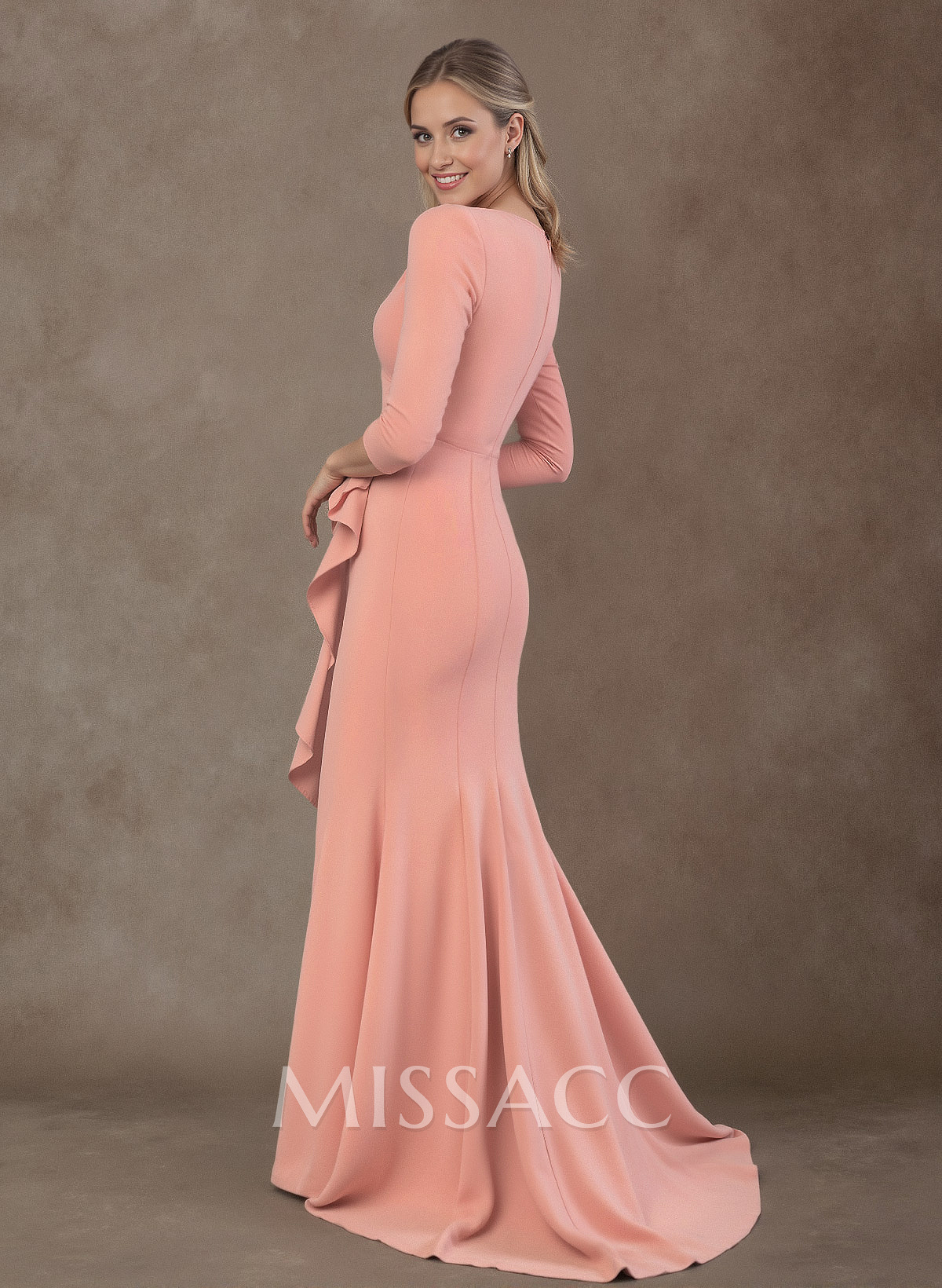 Trumpet/Mermaid V-Neck 3/4 Sleeves Sweep Train Elastic Satin Mother Of The Bride Dresses With Split Front