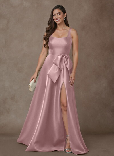 A-Line Square Neckline Sleeveless Floor-Length Satin Mother Of The Bride Dresses With Bow(s)/High Split
