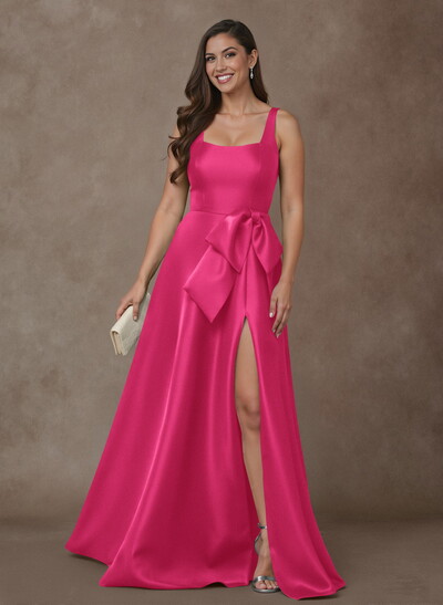A-Line Square Neckline Sleeveless Floor-Length Satin Mother Of The Bride Dresses With Bow(s)/High Split