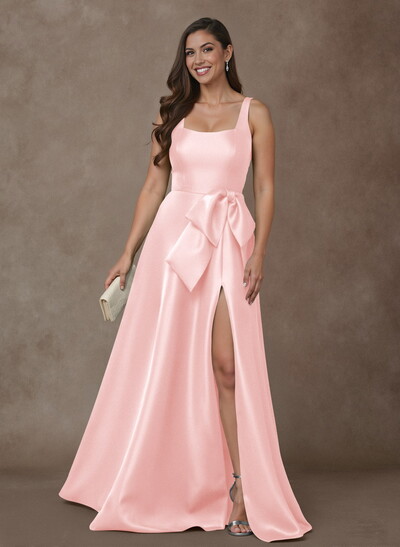 A-Line Square Neckline Sleeveless Floor-Length Satin Mother Of The Bride Dresses With Bow(s)/High Split