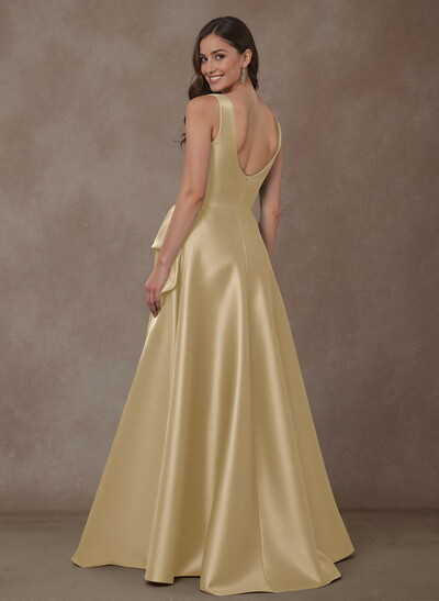 A-Line Square Neckline Sleeveless Floor-Length Satin Mother Of The Bride Dresses With Bow(s)/High Split