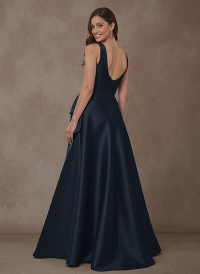 A-Line Square Neckline Sleeveless Floor-Length Satin Mother Of The Bride Dresses With Bow(s)/High Split