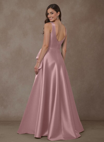 A-Line Square Neckline Sleeveless Floor-Length Satin Mother Of The Bride Dresses With Bow(s)/High Split