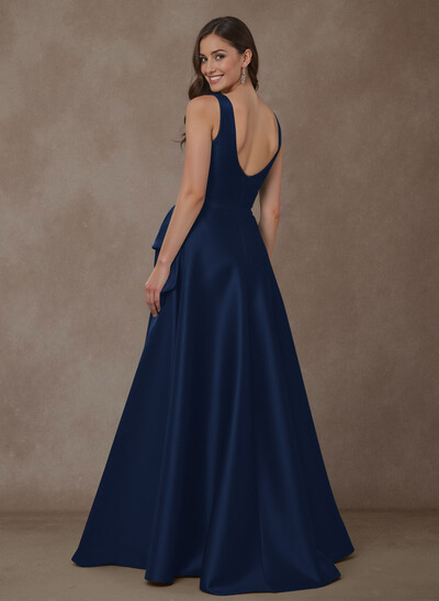 A-Line Square Neckline Sleeveless Floor-Length Satin Mother Of The Bride Dresses With Bow(s)/High Split