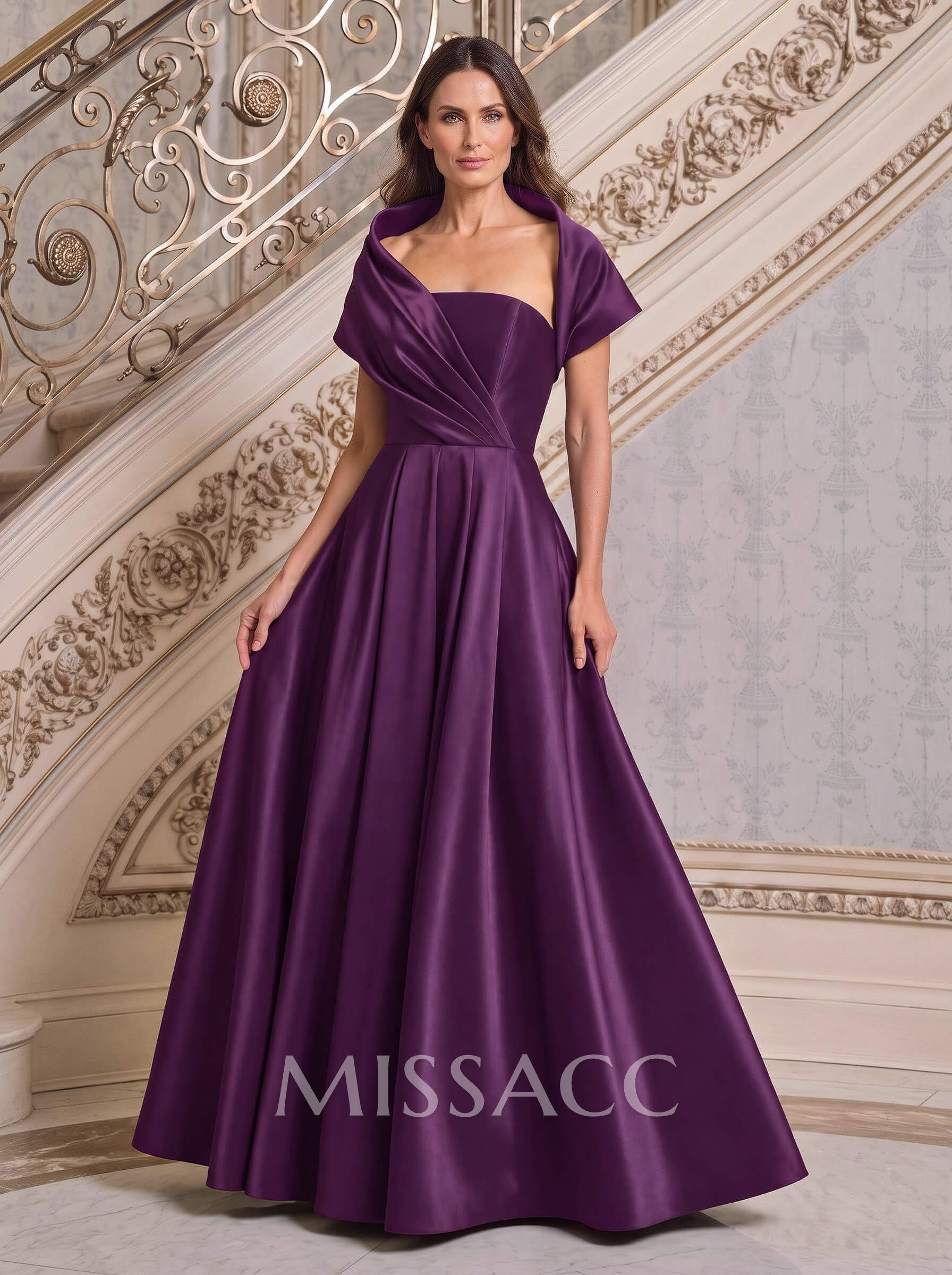 A-Line Cape Sleeves Floor-Length Satin Mother Of The Bride Dresses