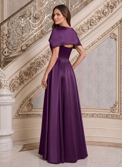 A-Line Cape Sleeves Floor-Length Satin Mother Of The Bride Dresses