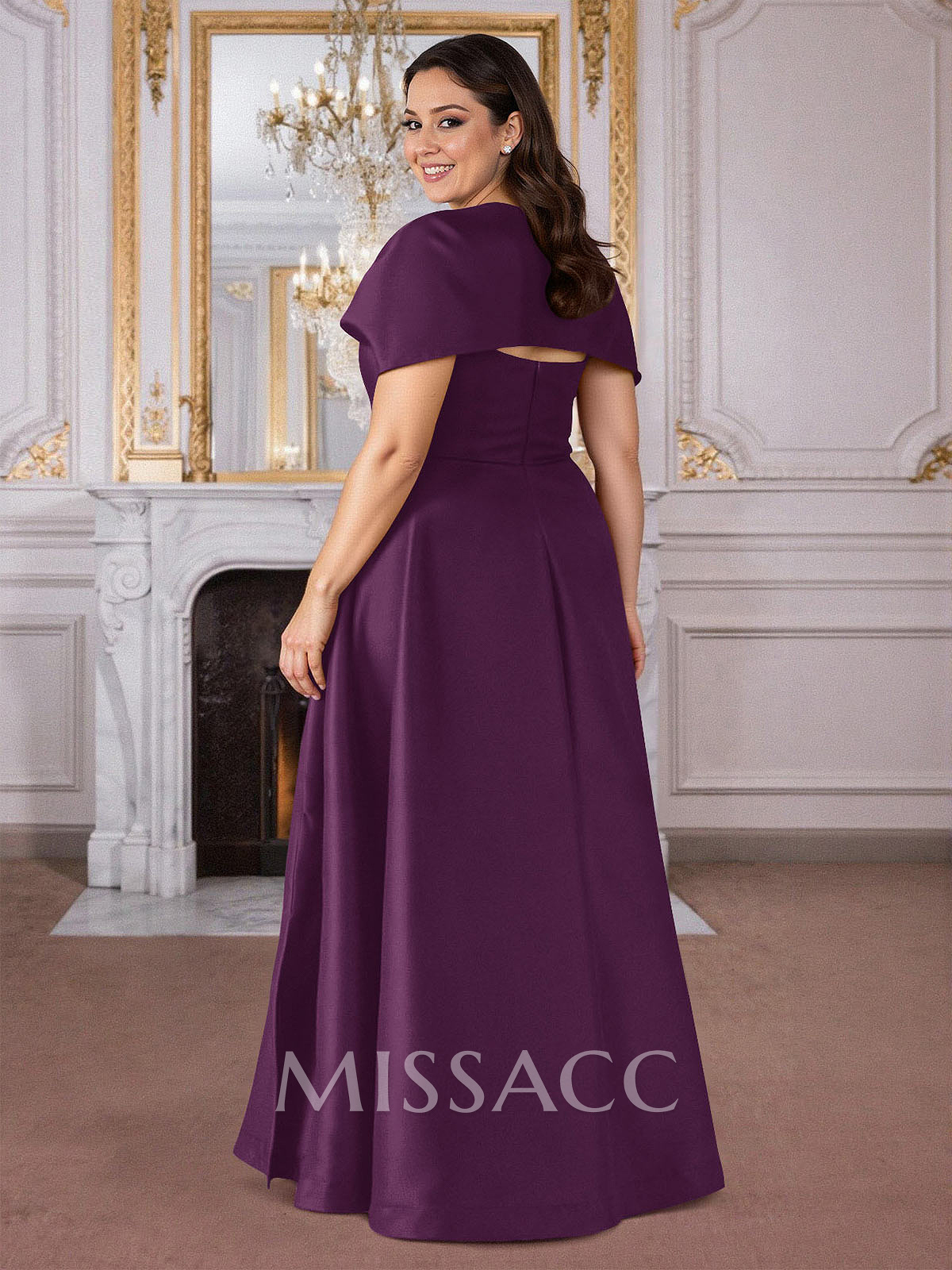 A-Line Cape Sleeves Floor-Length Satin Mother Of The Bride Dresses