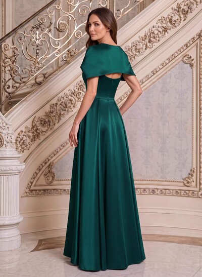 A-Line Cape Sleeves Floor-Length Satin Mother Of The Bride Dresses