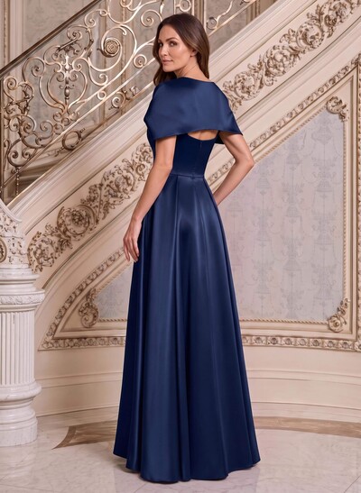 A-Line Cape Sleeves Floor-Length Satin Mother Of The Bride Dresses