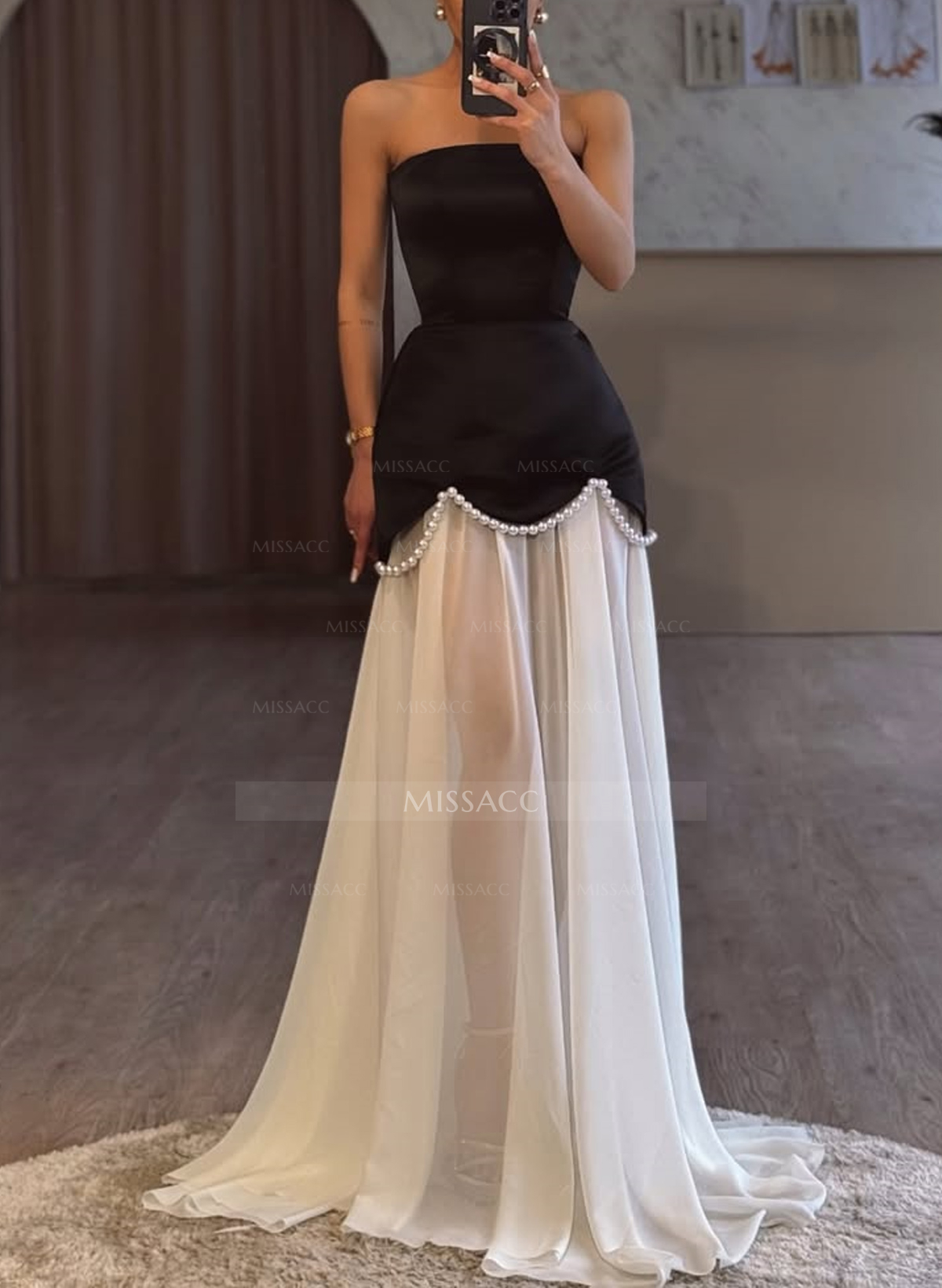 Elegant A-Line Sweep Train Chiffon/Matte Satin Prom Dresses With Beading