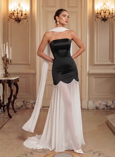 Elegant A-Line Sweep Train Chiffon/Matte Satin Prom Dresses With Beading