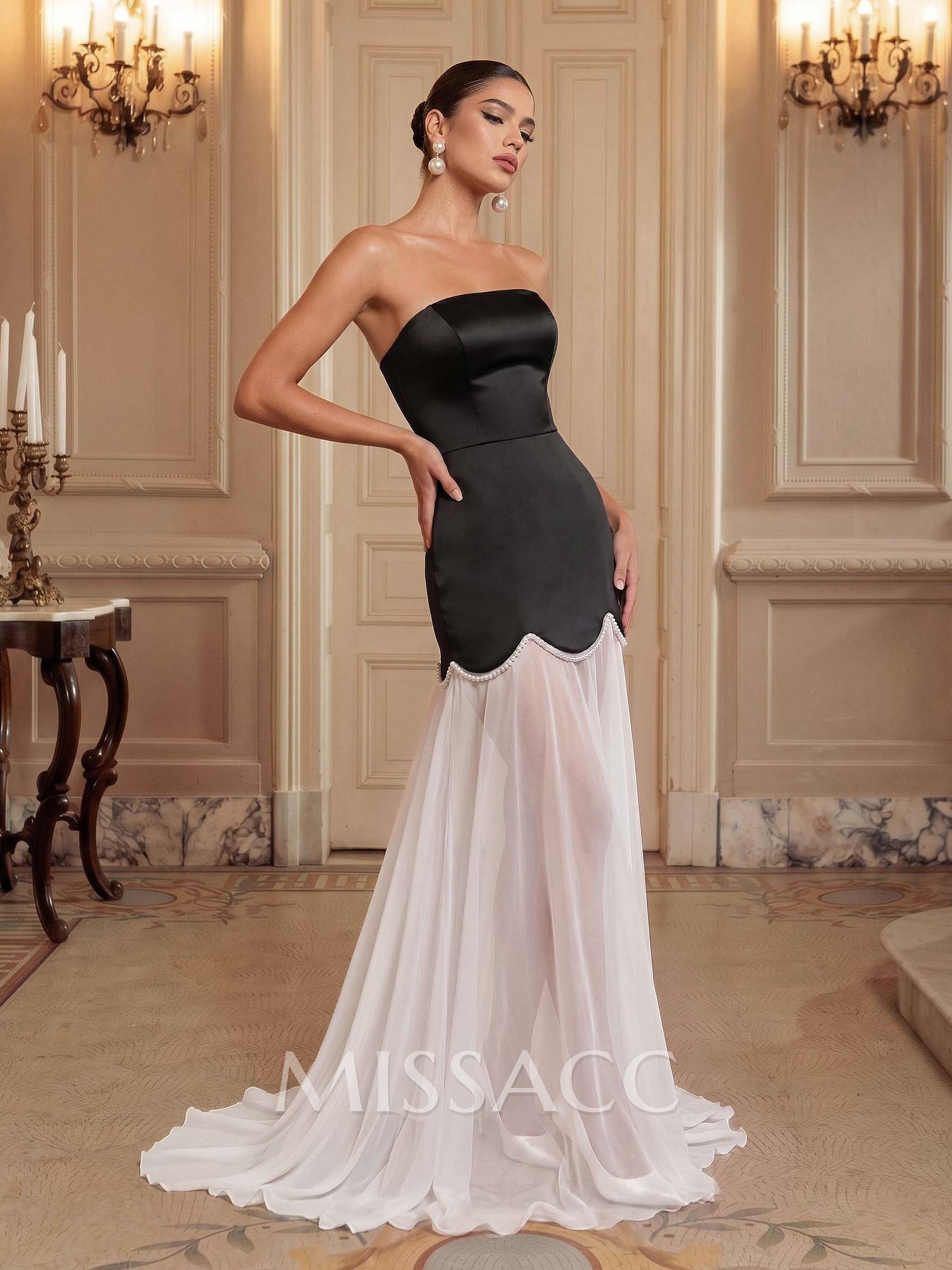 Elegant A-Line Sweep Train Chiffon/Matte Satin Prom Dresses With Beading