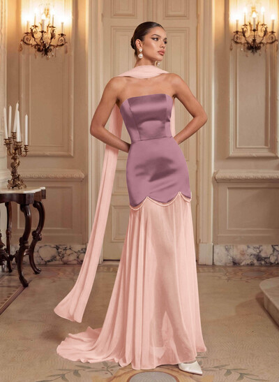 A-Line Strapless Sweep Train Chiffon/Matte Satin Evening Dresses With Beading