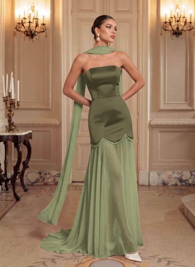 A-Line Strapless Sweep Train Chiffon/Matte Satin Evening Dresses With Beading