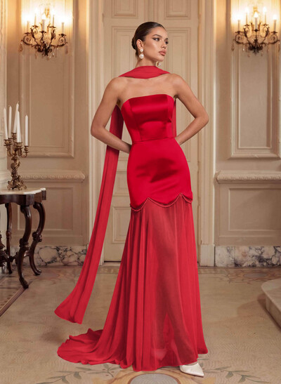 Elegant A-Line Sweep Train Chiffon/Matte Satin Prom Dresses With Beading