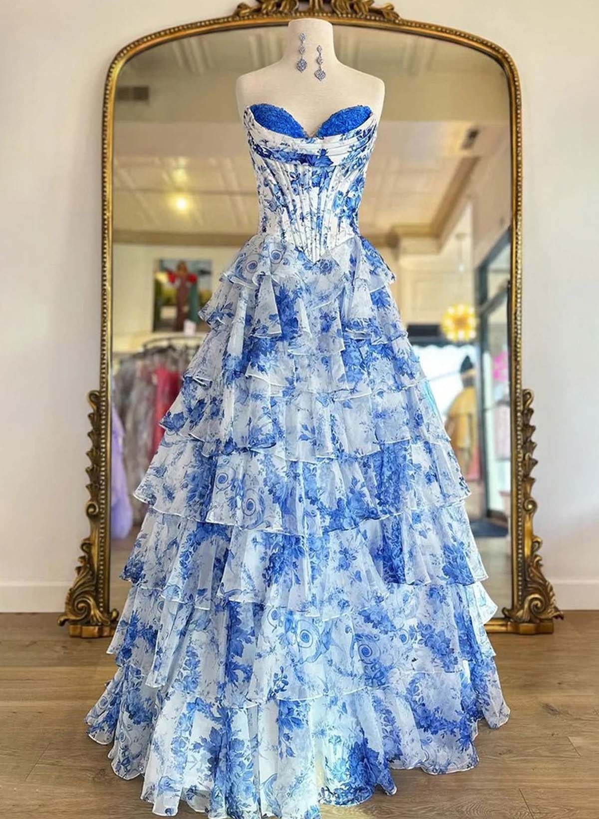 Dreamy Sweetheart Corset Tiered A-Line High Split Sweep Train Prom Dresses