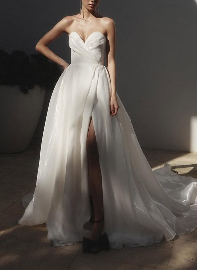 A-Line Sweetheart Chapel Train Liquid Satin Wedding Dresses With High Split