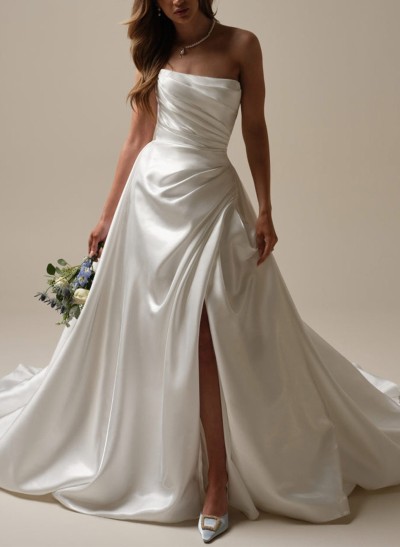 Elegant A-Line Sleeveless Chapel Train Liquid Satin Wedding Dresses With High Split