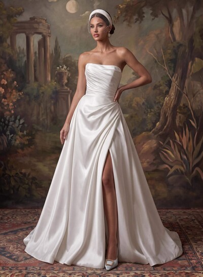 Elegant A-Line Sleeveless Chapel Train Liquid Satin Wedding Dresses With High Split