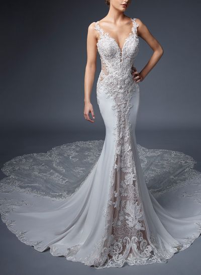 Elegant Trumpet/Mermaid Plunge Neck Chapel Train Lace/Tulle BRIDE With Appliques Lace