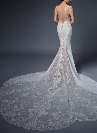 Elegant Trumpet/Mermaid Plunge Neck Chapel Train Lace/Tulle BRIDE With Appliques Lace