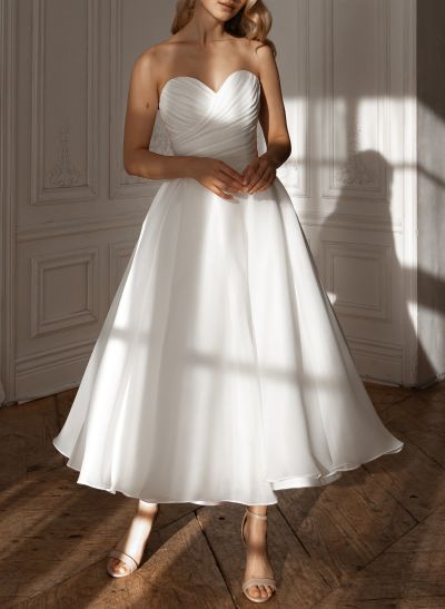 Elegant Pleated Sweetheart A-Line Ankle-Length Satin/Tulle Wedding Dresses
