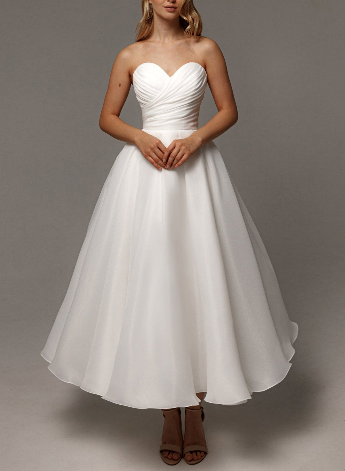 Elegant Pleated Sweetheart A-Line Ankle-Length Satin/Tulle Wedding Dresses