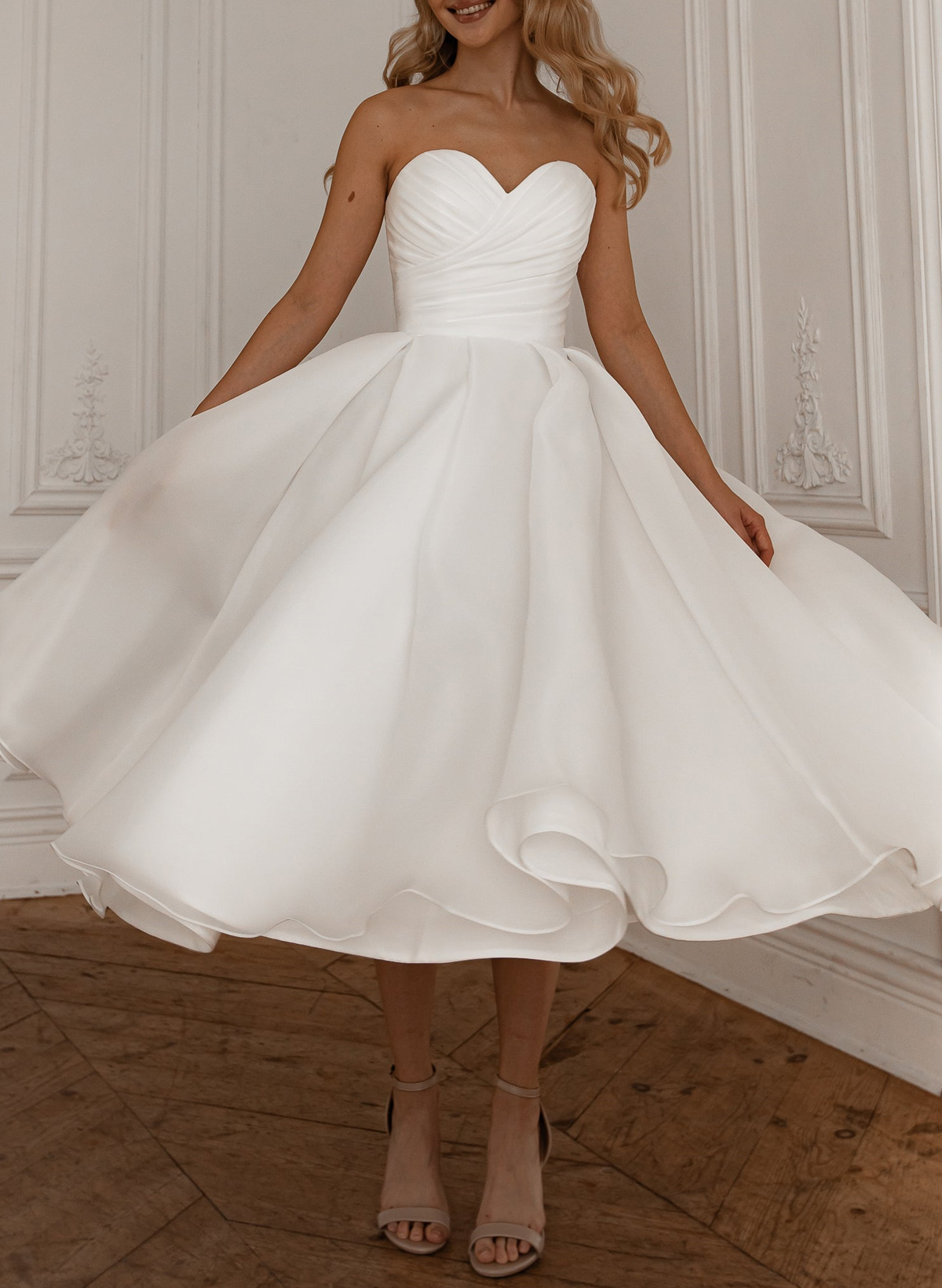 Elegant Pleated Sweetheart A-Line Ankle-Length Satin/Tulle Wedding Dresses
