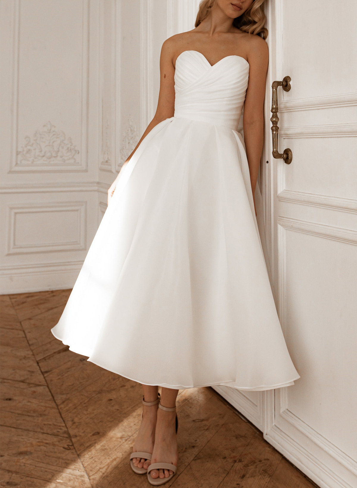 Elegant Pleated Sweetheart A-Line Ankle-Length Satin/Tulle Wedding Dresses