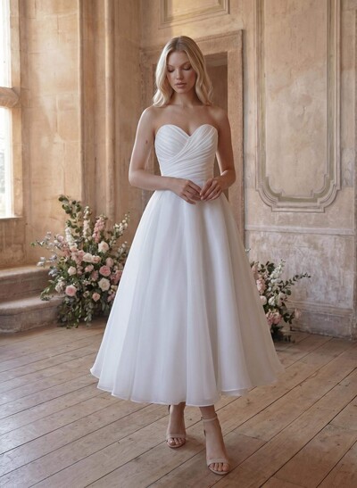Elegant Pleated Sweetheart A-Line Ankle-Length Satin/Tulle Wedding Dresses