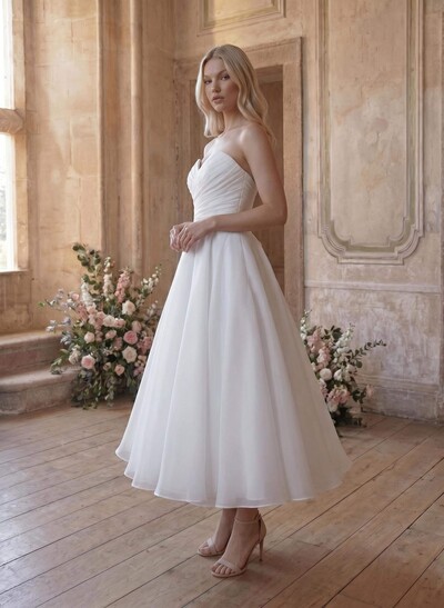 Elegant Pleated Sweetheart A-Line Ankle-Length Satin/Tulle Wedding Dresses