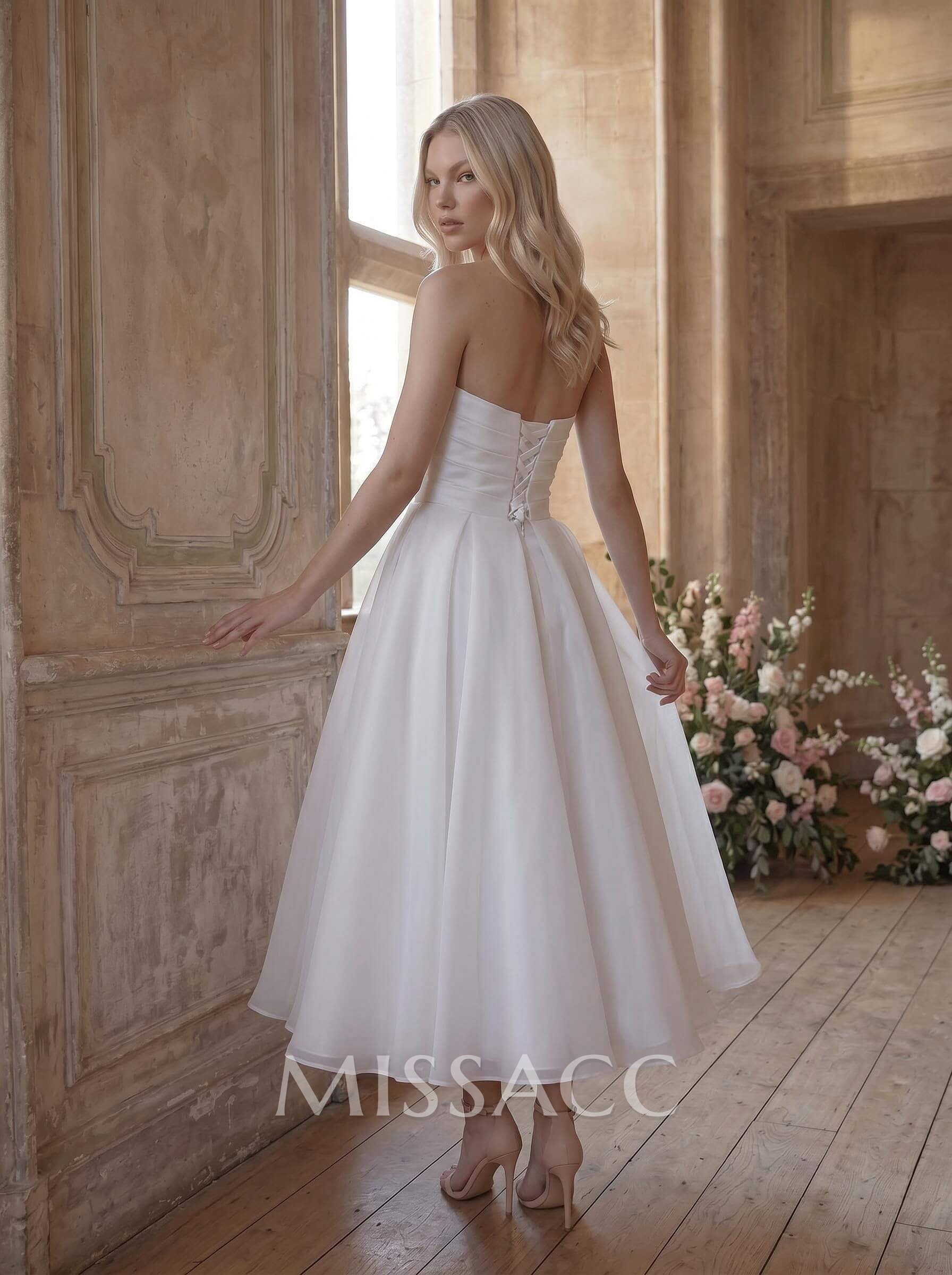 Elegant Pleated Sweetheart A-Line Ankle-Length Satin/Tulle Wedding Dresses