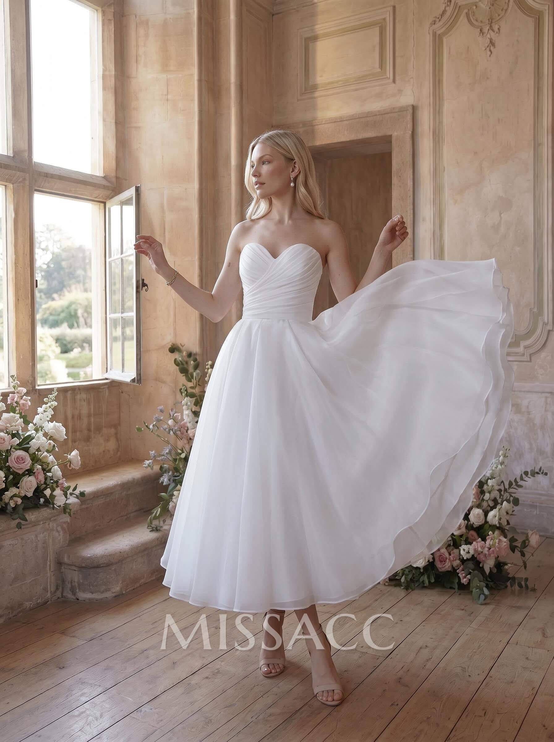 Elegant Pleated Sweetheart A-Line Ankle-Length Satin/Tulle Wedding Dresses